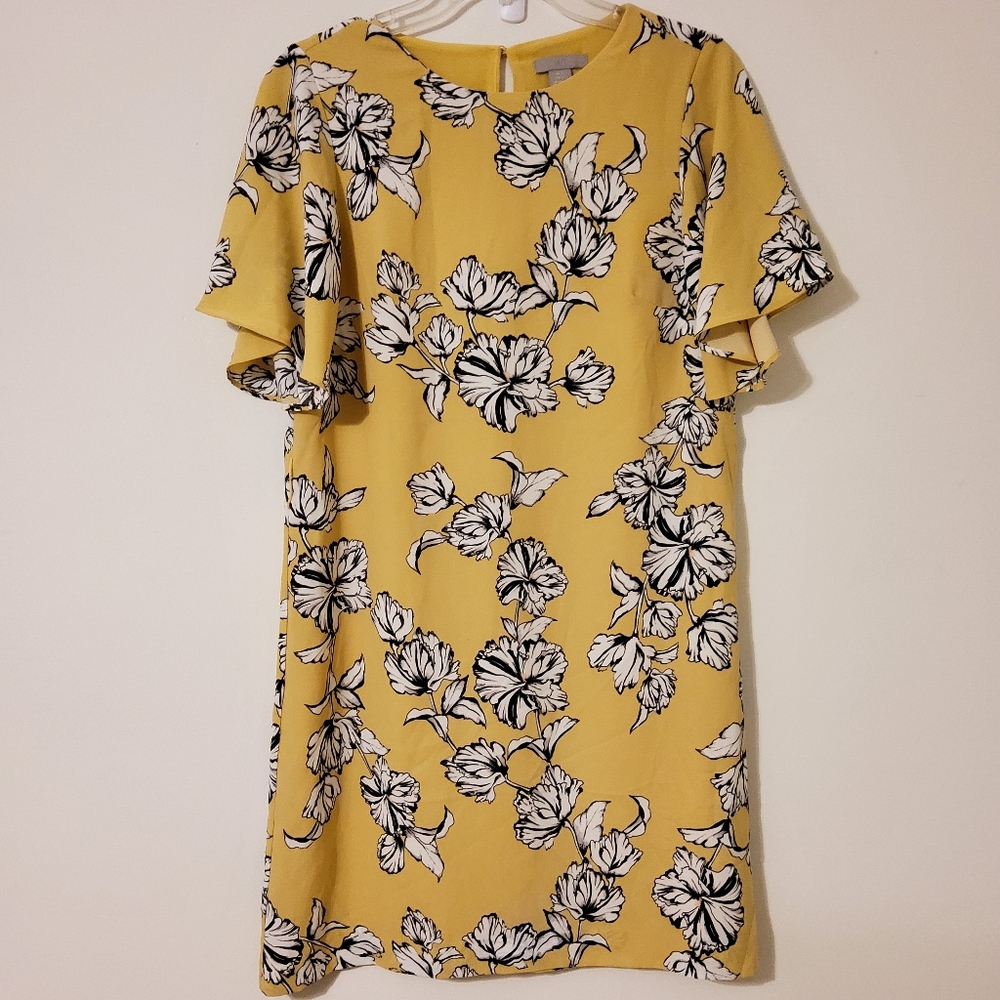 H&M Mustard/White/Black Floral Print Flare Short Sleeves Tunic Dress Size 6
